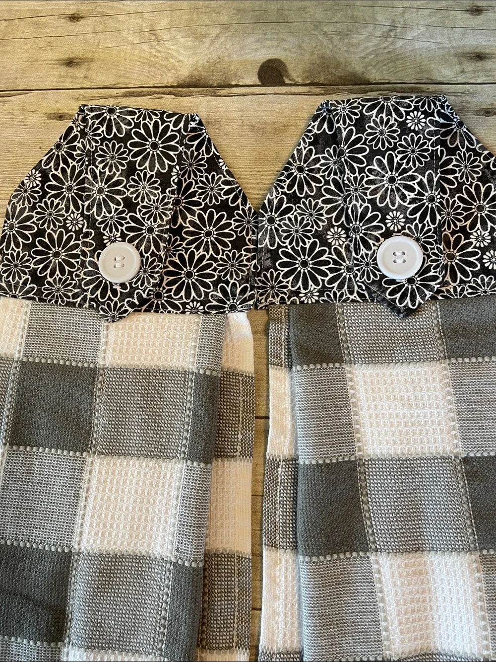 Sewn Top Hanging Towels Set of Black & White & Gray Button Closure